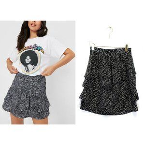 HANNA & GRACIE Women's Black White Mini Skirt SMALL Flowy Ruffle Tiered Animal